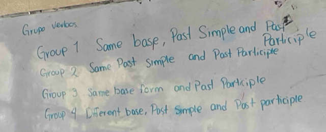 Gropo Verioos 
Group 1 Same base, Past Simple and Pask Participle 
Group 2 Same Past simple and Past Participle 
Group 3 Same base form and Past Participle 
Group 4 Different base, Post Simple and Post participle