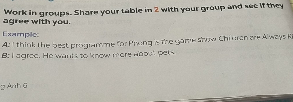 Work in groups. Share your table in 2 with your group and see if they 
agree with you. 
Example: 
A: I think the best programme for Phong is the game show Children are Always R 
B: I agree. He wants to know more about pets. 
g Anh 6