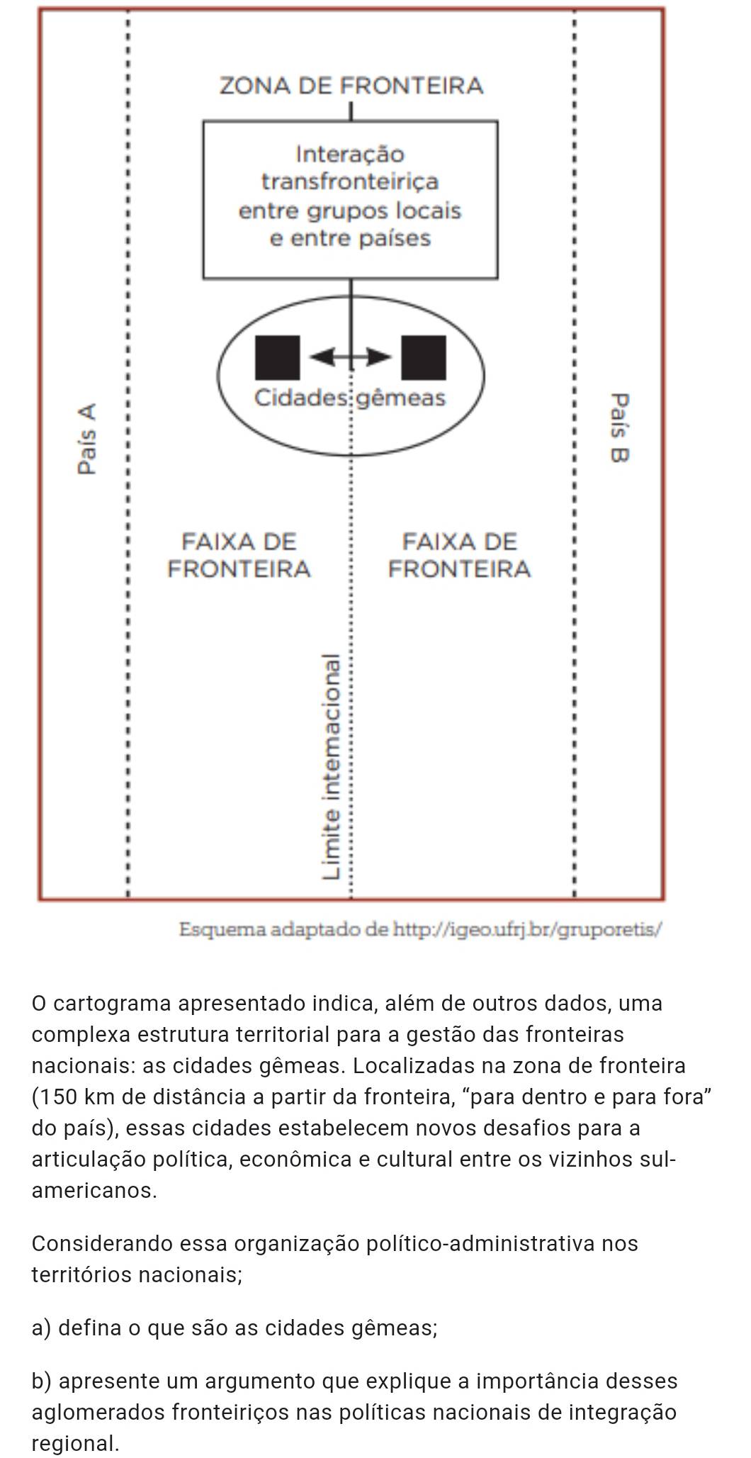 cartograma apresentado indica, além de outros dados, uma 
complexa estrutura territorial para a gestão das fronteiras 
nacionais: as cidades gêmeas. Localizadas na zona de fronteira 
(150 km de distância a partir da fronteira, “para dentro e para fora” 
do país), essas cidades estabelecem novos desafios para a 
articulação política, econômica e cultural entre os vizinhos sul- 
americanos. 
Considerando essa organização político-administrativa nos 
territórios nacionais; 
a) defina o que são as cidades gêmeas; 
b) apresente um argumento que explique a importância desses 
aglomerados fronteiriços nas políticas nacionais de integração 
regional.