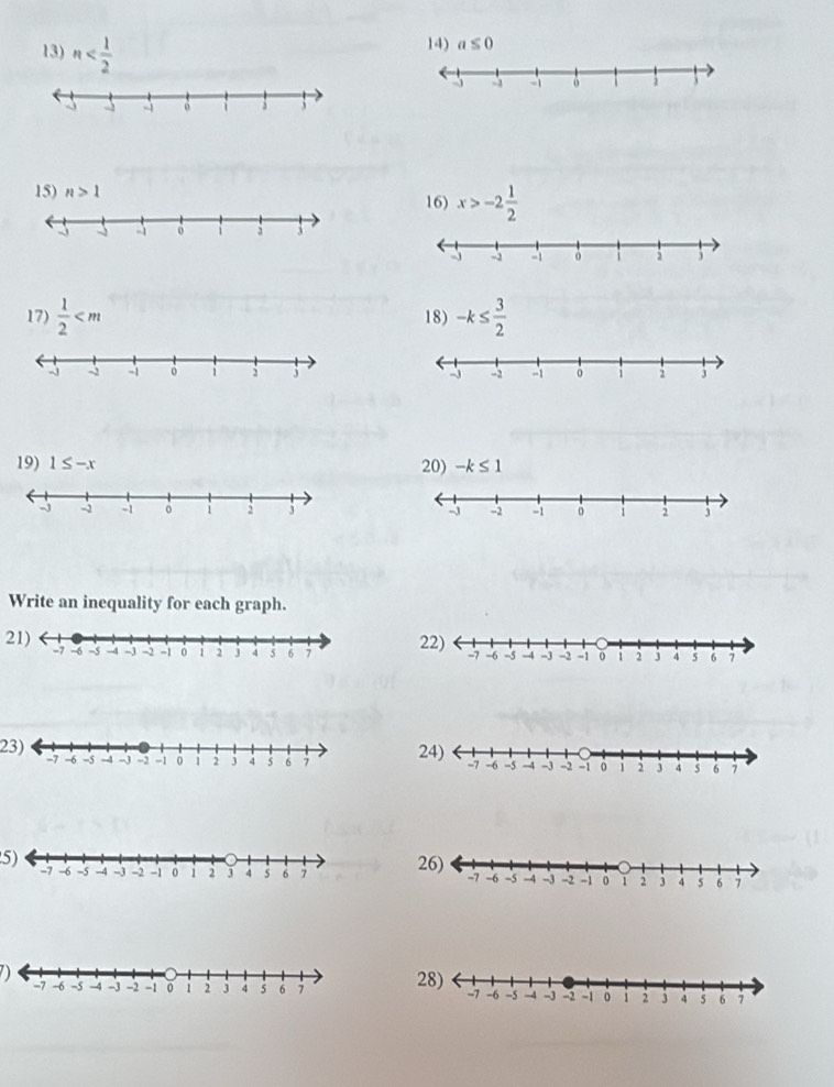 n
14) a≤ 0
15) n>1 16) x>-2 1/2 
17)  1/2  18) -k≤  3/2 

19) 1≤ -x 20) -k≤ 1

Write an inequality for each graph. 
222) 
23)24) 
5) 
26) 
D 2