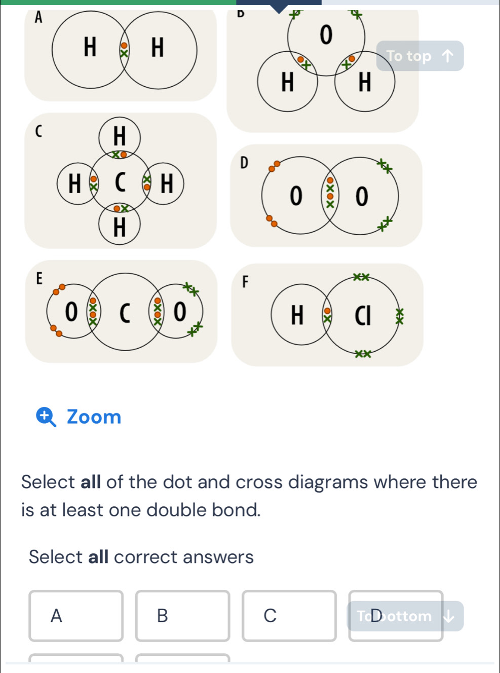 (
D

t Zoom
Select all of the dot and cross diagrams where there
is at least one double bond.
Select all correct answers
A
B
C Doottom V