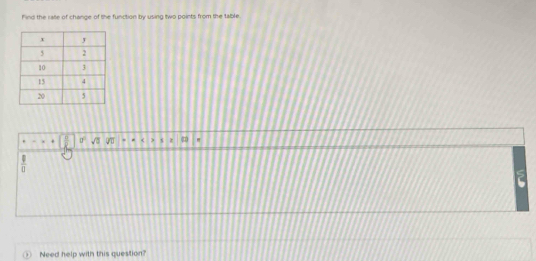 Find the rate of change of the function by using two points from the table
 □ /□   0° sqrt(□ ) 470
 □ /□  
Need help with this question?