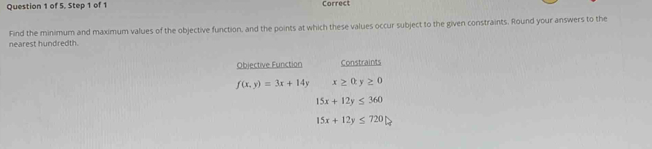 of 5, Step 1 of 1 Correct 
Find the minimum and maximum values of the objective function, and the points at which these values occur subject to the given constraints. Round your answers to the 
nearest hundredth. 
Objective Function Constraints
f(x,y)=3x+14y x≥ 0;y≥ 0
15x+12y≤ 360
15x+12y≤ 720