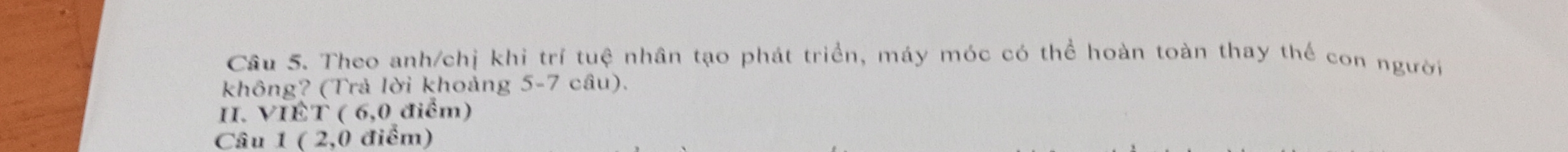 Theo anh/chị khi trí tuệ nhân tạo phát triển, máy móc có thể hoàn toàn thay thể con người 
không? (Trả lời khoảng 5-7 câu). 
II. VIÊT ( 6,0 điểm) 
Câu 1 ( 2,0 điểm)