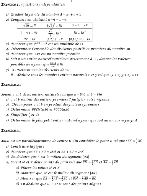 (questions indépendantes)
1) Etudier la parité du nombre A=n^2+n+1
2) Complete en utilisant ∈ −¢ −⊂ −¢
3) Montrer que 3^(n+3)+3^n est un multiple de 14
4) Déterminer l'ensemble des diviseurs positifs et premiers du nombre 30
5) Montrer que 239 est un nombre premier
6) Soit n un entier naturel supérieur strictement à 1 , donner les valeurs
possibles de n pour que  (n+11)/n-1 ∈ IN
7) a - Déterminer les diviseurs de 14
b - déduire tous les nombres entiers naturels x et y tel que (x+1)(y+3)=14
Exercice 2 :
Soient a et b deux entiers naturels tels que a=540 et b=396
1) a et b sont-ils des entiers premiers ? justifier votre réponse
2) Décomposer a et b en produit des facteurs premiers
3) Déterminer PP M(a,b) et PGCD(a,b)
4) Simplifier  a/b  et sqrt(b)
5) Déterminer le plus petit entier naturel n pour que soit na un carré parfait
Exercice 3 :
ABCD est un parallélogramme de centre 0 .On considère le point E tel que : vector AE= 1/4 vector AC
1) Construire la figure
2) Montrer que vector EB+vector ED=2vector EO et vector EB+vector ED=2vector AE
3) En déduire que E est le milieu du segment [OA]
4) Soient M et N deux points du plan tels que vector CM= 1/4 vector CD et vector AN= 2/3 vector AB
a) Placer les points M et N
b) Montrer que M est le milieu du segment [AN]
c) Montrer que vector DE= 1/4 vector AB- 3/4 vector BC et vector DM= 1/3 vector AB-vector BC
d) En déduire que D, E et M sont des points alignés