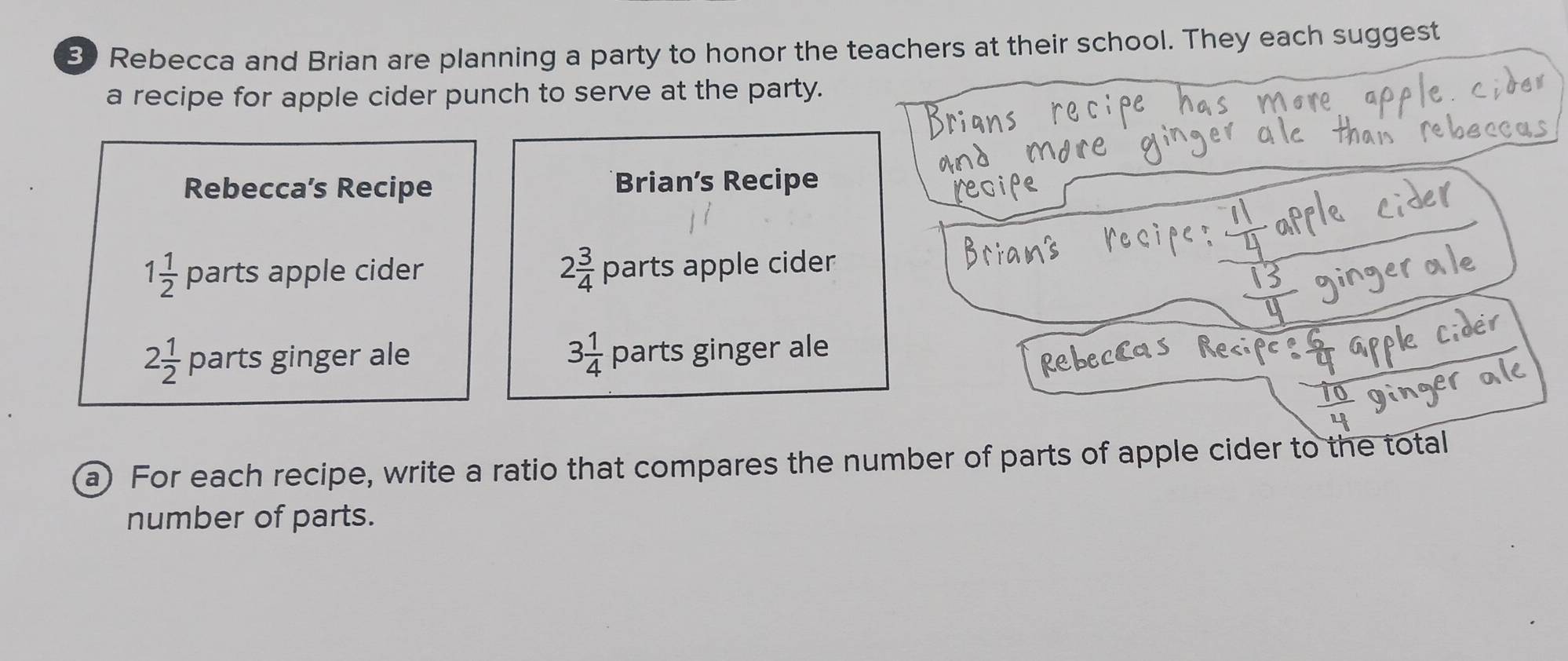 Rebecca and Brian are planning a party to honor the teachers at their school. They each suggest 
a recipe for apple cider punch to serve at the party. 
Rebecca’s Recipe Brian’s Recipe
2 3/4 
1 1/2  parts apple cider parts apple cider
3 1/4 
2 1/2  parts ginger ale parts ginger ale 
a) For each recipe, write a ratio that compares the number of parts of apple cider to the total 
number of parts.