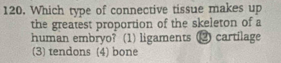 Which type of connective tissue makes up
the greatest proportion of the skeleton of a
human embryo? (1) ligaments ② cartilage
(3) tendons (4) bone