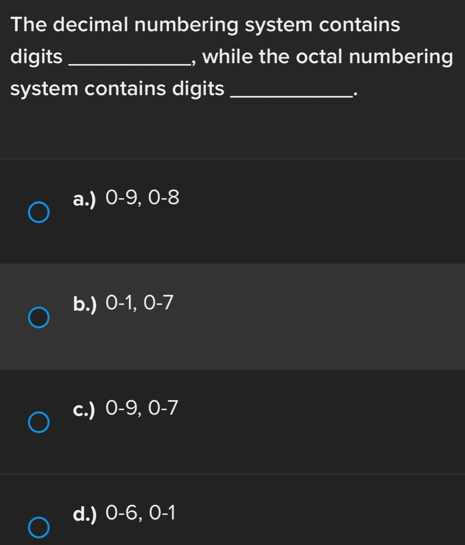 Solved: The decimal numbering system contains digits _, while the octal ...