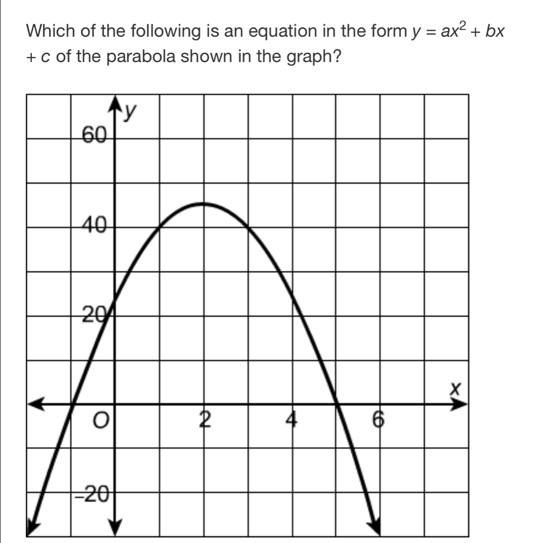 Which of the following is an equation in the form y=ax^2+bx
+ c of the parabola shown in the graph?