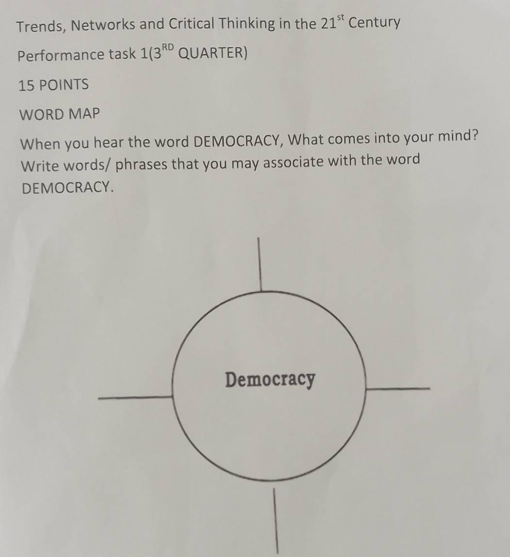 Trends, Networks and Critical Thinking in the 21^(st) Century 
Performance task 1(3^(RD)QUARTER) 
15 POINTS 
WORD MAP 
When you hear the word DEMOCRACY, What comes into your mind? 
Write words/ phrases that you may associate with the word 
DEMOCRACY.