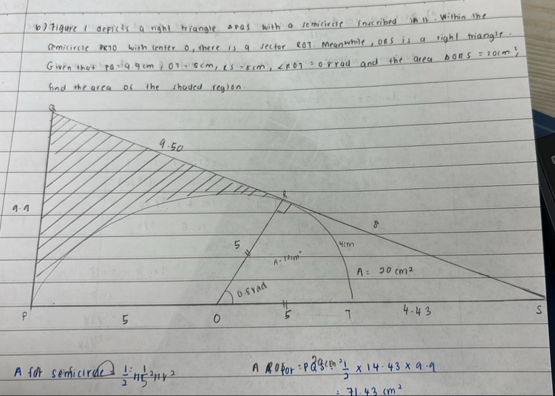 rigure 1 depicts a right tiangle ppas with a semicircse incribed ini. within the 
semicircle ro with center o, there is a sector 8Ot. meanwhile, ons is a right triangit. 
Given thatp a=9.9cm, OT=5cm, ∠ 5=8cm, ∠ ko7= o.rrad and the area △ ORS=20cm^2
find the area of the shaded region.
9. 50
B 
9-a
8
5 4cm
A- 10m^2
A=20cm^2
P
5 0. grad
O 5 7 4. 43
A for semicirde d  1/2 nfrac 15^(2nr^2)
Alofor=pQgcm^2 1/2 * 14.43* 9.9
=71.43cm^2