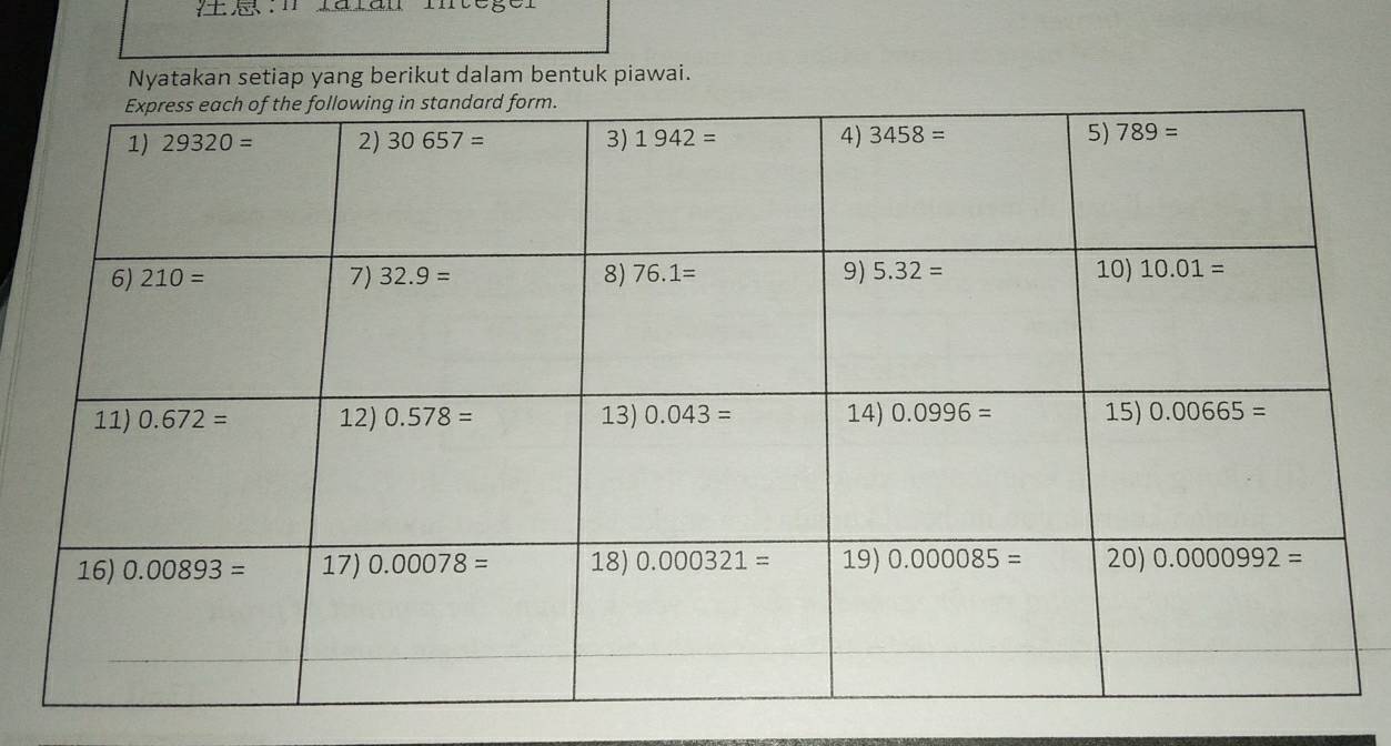 lalan Integer
Nyatakan setiap yang berikut dalam bentuk piawai.