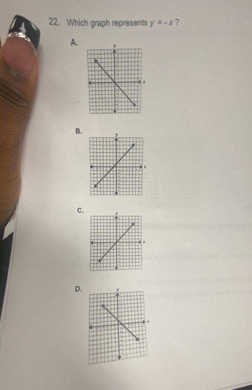 Which graph represents y=-x ？ 
A. 
B. 
C. 
D.