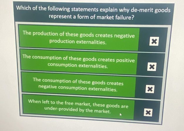 Which of the following statements explain why de-merit goods
represent a form of market failure?
The production of these goods creates negative
production externalities.
The consumption of these goods creates positive
consumption externalities.
The consumption of these goods creates
negative consumption externalities.
When left to the free market, these goods are
under-provided by the market.