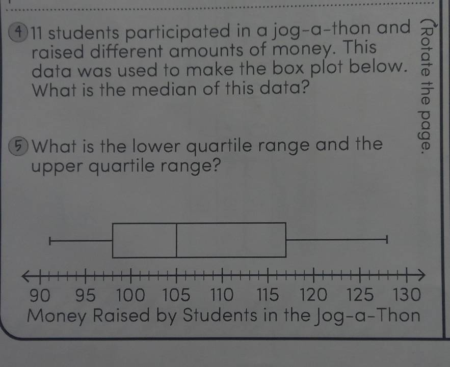 ① 11 students participated in a jog-a-thon and 
raised different amounts of money. This 
What is the median of this data? 
data was used to make the box plot below. 
⑤ What is the lower quartile range and the 
upper quartile range? 
Money Raised by Students in the Jog-a-Thon