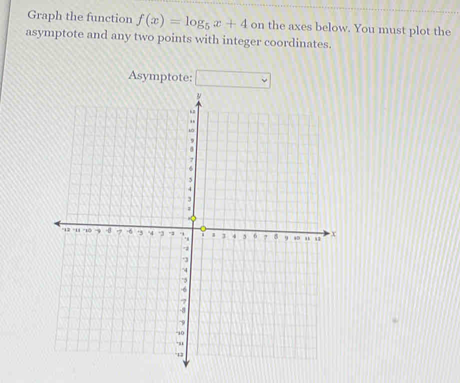 Graph the function f(x)=log _5x+4 on the axes below. You must plot the 
asymptote and any two points with integer coordinates. 
Asymptote: □