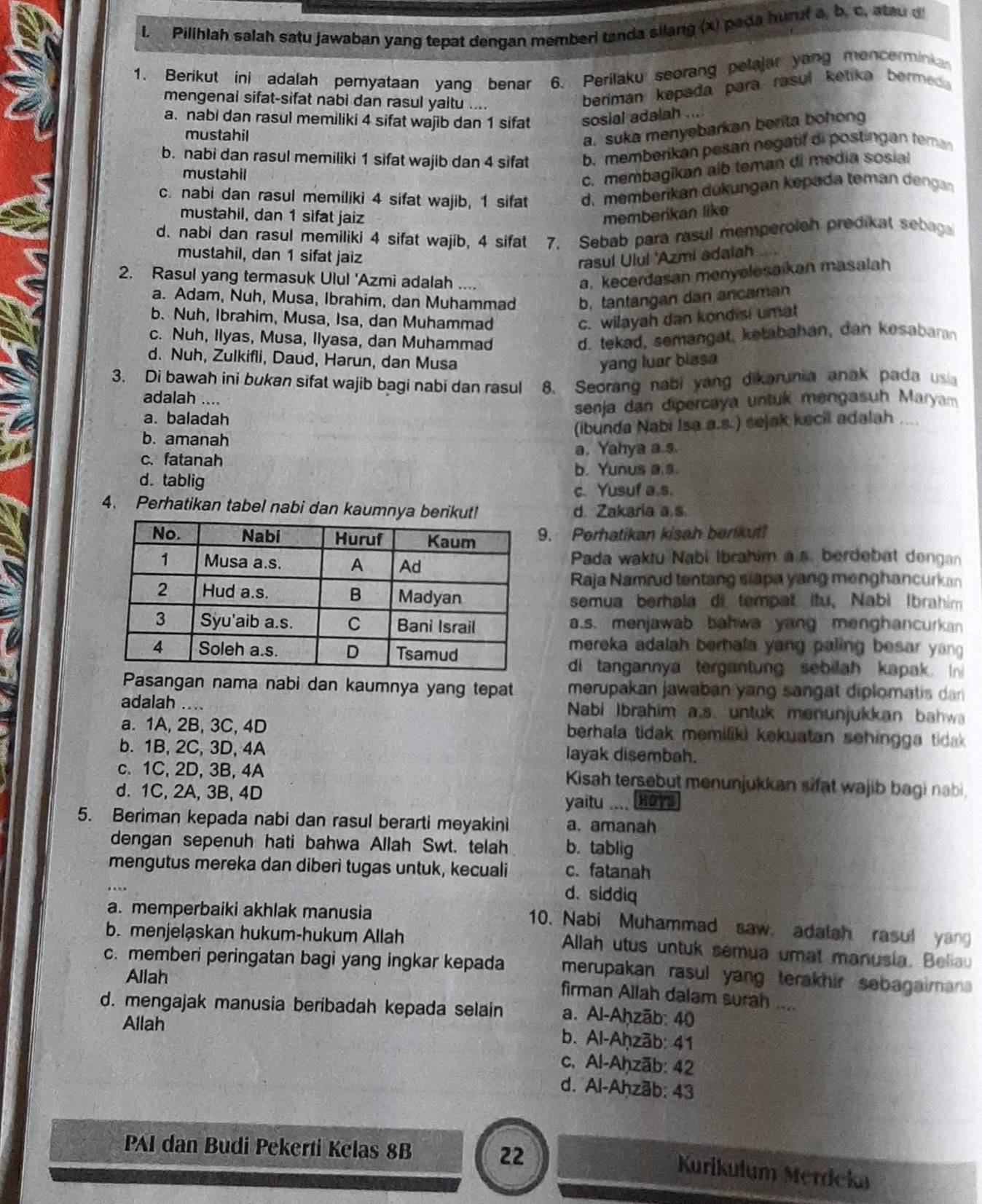 Pilihlah salah satu jawaban yang tepat dengan memberi tanda silang (x) pada hurf a, b. c, atau d
1. Berikut ini adalah pemyataan yang benar 6. Perilaku seorang pelajar yang mencerminkar
mengenai sifat-sifat nabi dan rasul yaitu ....
beriman kepada para rasul ketika bermeda
a. nabi dan rasul memiliki 4 sifat wajib dan 1 sifat sosial adalah ...
mustahil
a. suka menyebarkan berita bohong
b. nabi dan rasul memiliki 1 sifat wajib dan 4 sifat b. memberikan pesan negatif di postingan teman
mustahil
c. membagikan alb teman di media sosial
c. nabi dan rasul memiliki 4 sifat wajib, 1 sifat d. memberikan dukungan kepada teman dengan
mustahil, dan 1 sifat jaiz membenkan like
d. nabi dan rasul memiliki 4 sifat wajib, 4 sifat 7. Sebab para rasul memperoleh predikat sebag
mustahil, dan 1 sifat jaiz
rasul Ulul 'Azmi adaiah
2. Rasul yang termasuk Ulul 'Azmi adalah ....
a, kecerdasan menyelesaikan masalah
a. Adam, Nuh, Musa, Ibrahim, dan Muhammad b, tantangan dan ancaman
b. Nuh, Ibrahim, Musa, Isa, dan Muhammad c. wilayah dan kondisi umat
c. Nuh, Ilyas, Musa, Ilyasa, dan Muhammad d. tekad, semangat, ketabahan, dan kesabara
d. Nuh, Zulkifli, Daud, Harun, dan Musa yang luar biesa
3. Di bawah ini bukan sifat wajib bagi nabi dan rasul 8. Seorang nabi yang dikarunia anak pada usia
adalah ....
senja dan dipercaya untuk mengasuh Maryam
a. baladah
b. amanah (ibunda Nabi Isa a.s.) sejak kecil adalah ....
c. fatanah a. Yahya a s.
d.tablig
b. Yunus a.s.
c. Yusuf a.s.
4. Perhatikan tabel nabi dan kaumnya berd. Zakaria a.s.
9. Perhatikan kisah berikut!
Pada waktu Nabi Ibrahim a s. berdebat dengan
Raja Namrud tentang slapa yang menghancurkan
semua berhala di tempat ifu. Nabi Ibrahim
a.s. menjawab bahwa yang menghancurkan 
mereka adalah berhala yang paling besar yan 
di tangannya tergantung sebilah kapak. In
Pasangan nama nabi dan kaumnya yang tepat
a merupakan jawaban yang sangat diplomatis dan 
adalah ....  Nabi Ibrahim a.s. untuk menunjukkan bahwa
a. 1A, 2B, 3C, 4D  berhala tidak memiliki kekuatan sehingga tidak 
b. 1B, 2C, 3D, 4A layak disembah.
c. 1C, 2D, 3B, 4A Kisah tersebut menunjukkan sifat wajib bagi nabi
d. 1C, 2A, 3B, 4D
yaitu .... Heys
5. Beriman kepada nabi dan rasul berarti meyakini a. amanah
dengan sepenuh hati bahwa Allah Swt. telah b. tablig
mengutus mereka dan diberì tugas untuk, kecuali c. fatanah
d. siddiq
a. memperbaiki akhlak manusia
10. Nabi Muhammad saw. adalah rasul yang
b. menjeląskan hukum-hukum Allah
Allah utus untuk semua umat manusia. Beliau
c. memberi peringatan bagi yang ingkar kepada merupakan rasul yang terakhir sabagaimana 
Allah
firman Allah dalam surah ....
d. mengajak manusia beríbadah kepada selain a. Al-Aḥzāb: 40
Allah
b. Al-Aḥzāb: 41
c. Al-Aḥzāb: 42
d. Al-Aḥzāb: 43
PAI dan Budi Pekerti Kelas 8B
22
Kurikulum Merdeka