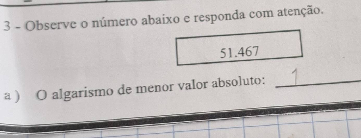 Observe o número abaixo e responda com atenção.
51.467
a ) O algarismo de menor valor absoluto:_