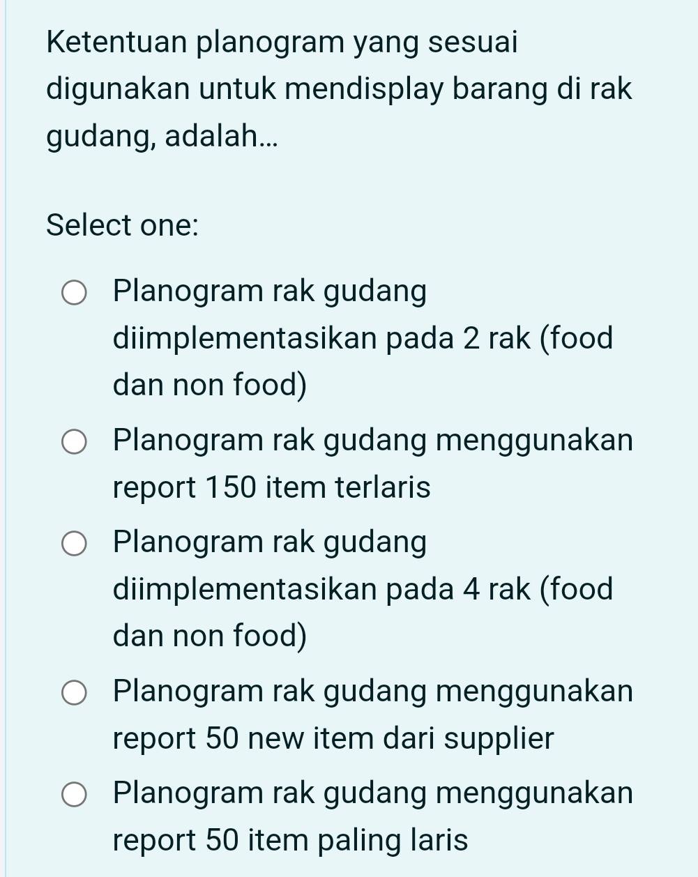 Telah dijawab:Ketentuan planogram yang sesuai digunakan untuk ...