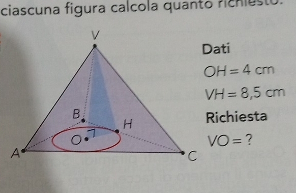 ciascuna figura calcola quanto ricniesto. 
ati
OH=4cm
VH=8,5cm
ichiesta
VO= ?