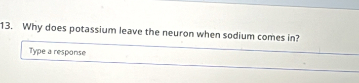 Why does potassium leave the neuron when sodium comes in? 
Type a response