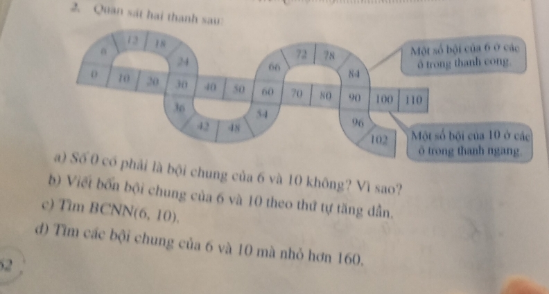 Quan sát hai thanh sau 
bội chung của 6 và 10 không? Vì sao? 
b) Viết bốn bội chung của 6 và 10 theo thứ tự tăng dẫn. 
c) Tìm BCNN( (6,10)
d) Tìm các bội chung của 6 và 10 mà nhỏ hơn 160. 
2