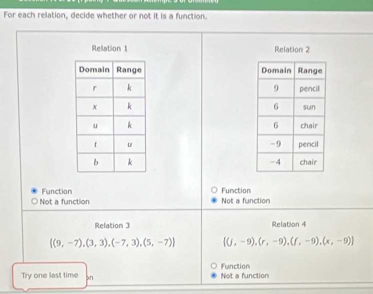 For each relation, decide whether or not it is a function.
Relation 1 Relation 2

Function Function
Not a function Not a function
Relation 3 Relation 4
 (9,-7),(3,3),(-7,3),(5,-7)  (j,-9),(r,-9),(f,-9),(x,-9)
Function
Try one last time bn Not a function