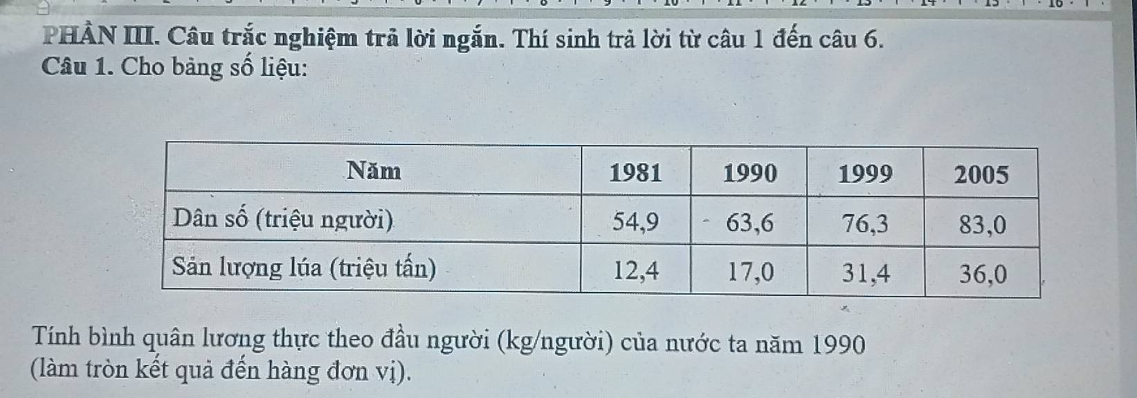 PHẢN III. Câu trắc nghiệm trã lời ngắn. Thí sinh trả lời từ câu 1 đến câu 6. 
Câu 1. Cho bảng số liệu: 
Tính bình quân lương thực theo đầu người (kg/người) của nước ta năm 1990 
(làm tròn kết quả đến hàng đơn vị).