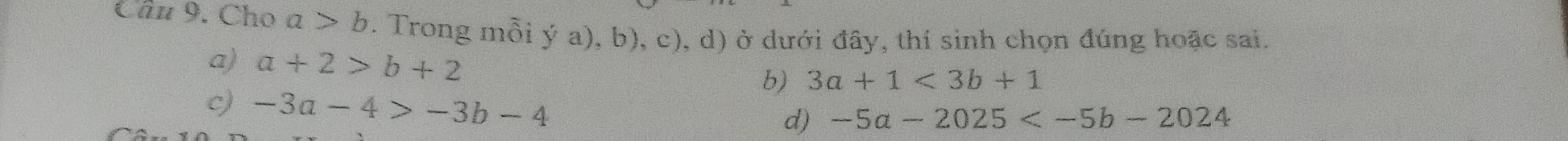 Cho a>b. Trong mồi ý a), b), c), d) ở dưới đây, thí sinh chọn đúng hoặc sai.
a) a+2>b+2 b) 3a+1<3b+1
c) -3a-4>-3b-4
d) -5a-2025