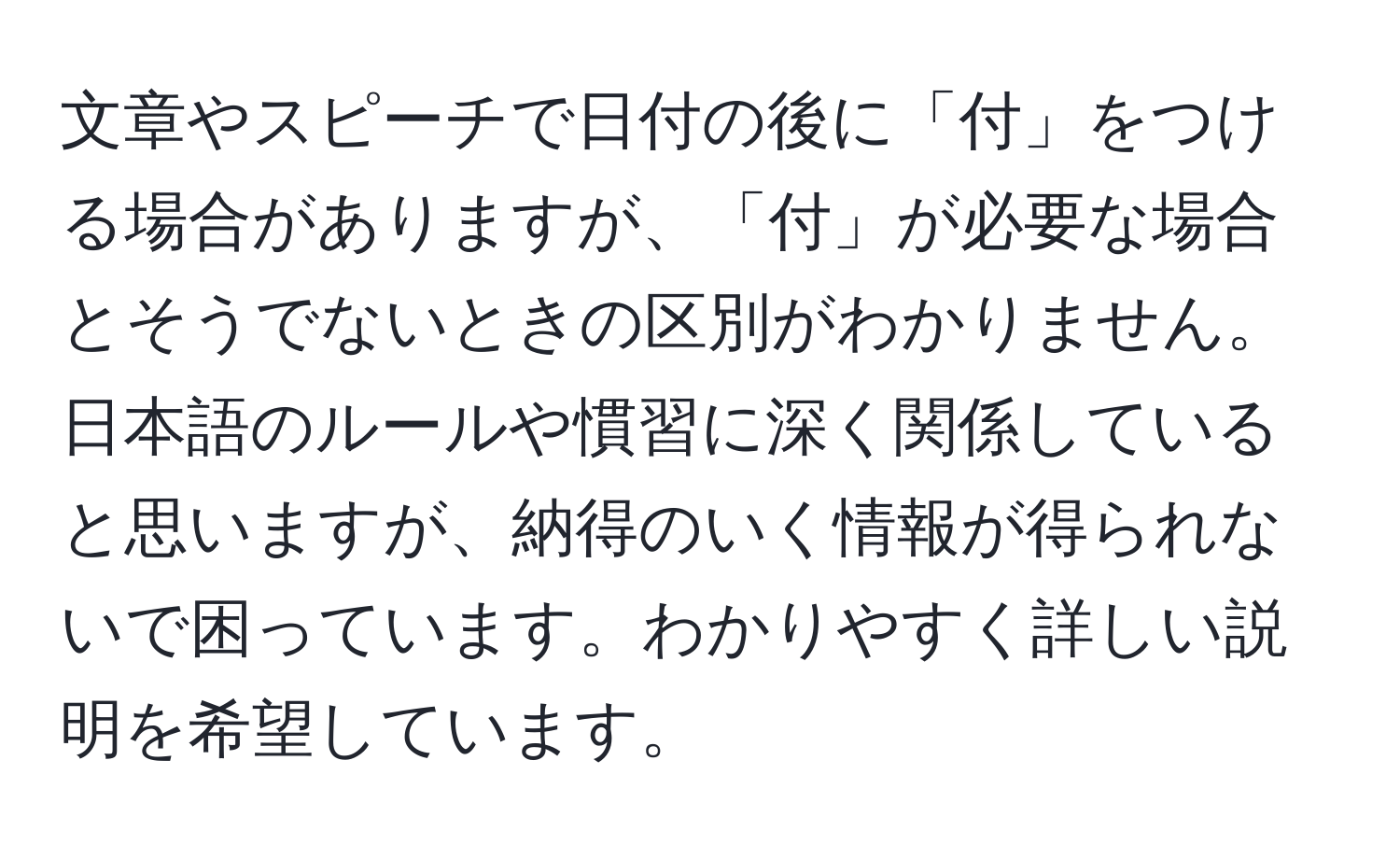 文章やスピーチで日付の後に「付」をつける場合がありますが、「付」が必要な場合とそうでないときの区別がわかりません。日本語のルールや慣習に深く関係していると思いますが、納得のいく情報が得られないで困っています。わかりやすく詳しい説明を希望しています。