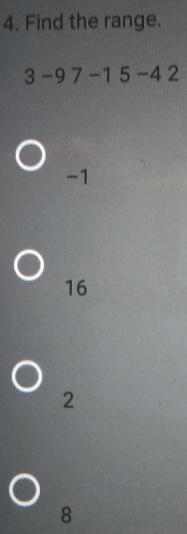 Find the range.
3-97-15-42
-1
16
2
8