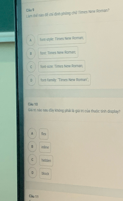 Làm thế nào để chỉ định phòng chữ Times New Roman?
A font-style: Times New Roman;
B font: Times New Roman;
C font-size: Times New Roman;
D font-family: "Times New Roman';
Câu 10
Giá trị nào sau đây không phải là giá trị của thuộc tính display?
A flex
B inline
C hidden
D block
Câu 11