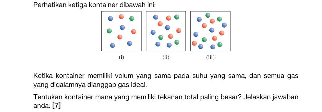 Perhatikan ketiga kontainer dibawah ini: 
(i) (ii) (iii) 
Ketika kontainer memiliki volum yang sama pada suhu yang sama, dan semua gas 
yang didalamnya dianggap gas ideal. 
Tentukan kontainer mana yang memiliki tekanan total paling besar? Jelaskan jawaban 
anda. [7]