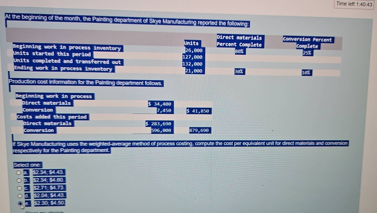 Time left 1:40:43 
At the beginning of the month, the Painting department of Skye Manufacturing reported the following;
Production cost information for the Painting department follows.
Beginning work in process
Direct materials
. 34,400
Conversion 7,450 $ 41,850
Costs added this period
Direct materials 283, 690
Conversion 596,000 879,690
lf Skye Manufacturing uses the weighted-average method of process costing, compute the cost per equivalent unit for direct materials and conversion
respectively for the Painting department.
Select one
a $2.34; $4.43.
b. $2.34; $4.60.
c. $2.71; $4.73.
d. $2.04; $4.43
$2,30; $4.50