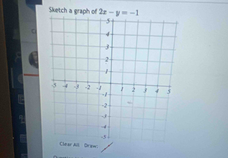 Sketch a graph of 2x-y=-1
C 
Draw: