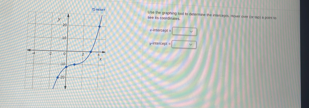 Use the graphing tool to determine the intercepts. Hover over (or tap) a point to 
see its coordinates. 
æintercept t=□
y-intercept =□