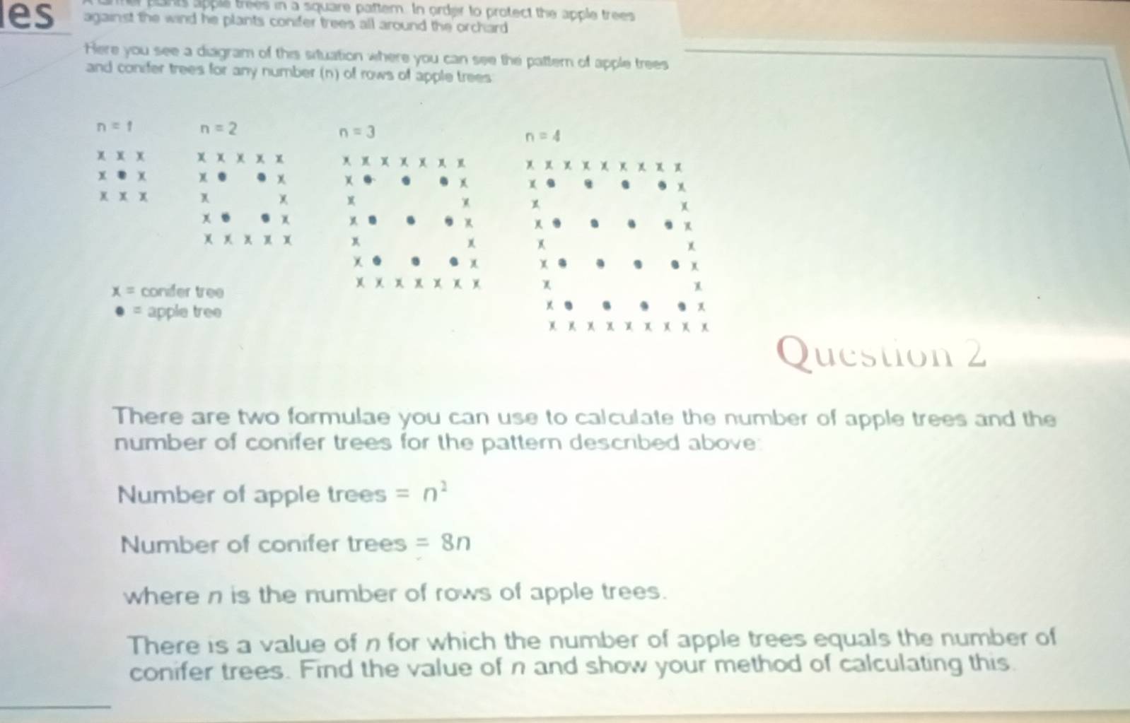 Her plants apple trees in a square pattem. In order to protect the apple trees 
es against the wind he plants conifer trees all around the orchard 
Here you see a diagram of this situation where you can see the pattern of apple trees 
and conifer trees for any number (n) of rows of apple trees
n=1 n=2
n=3
n=4
xxx xx x x x* x* x x* x* x* x
、 χ
χ χ
xxx x
)( 
)(
χ
)
x= conidfer tree 
) χ x) χ
apple tree 

Question 2 
There are two formulae you can use to calculate the number of apple trees and the 
number of conifer trees for the pattern described above: 
Number of apple trees =n^2
Number of conifer trees =8n
where n is the number of rows of apple trees. 
There is a value of n for which the number of apple trees equals the number of 
conifer trees. Find the value of n and show your method of calculating this.