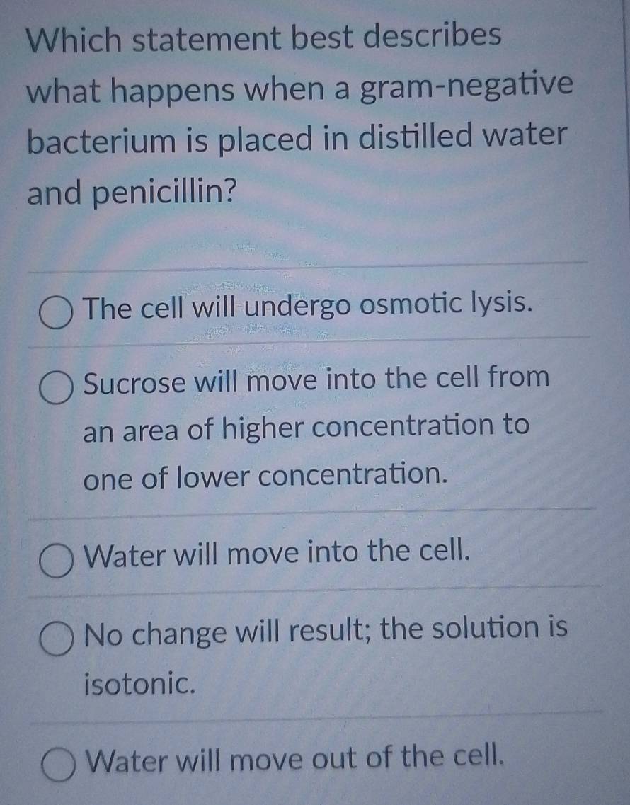 Which statement best describes
what happens when a gram-negative
bacterium is placed in distilled water
and penicillin?
The cell will undergo osmotic lysis.
Sucrose will move into the cell from
an area of higher concentration to
one of lower concentration.
Water will move into the cell.
No change will result; the solution is
isotonic.
Water will move out of the cell.