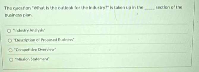 The question "What is the outlook for the industry?" is taken up in the_ section of the
business plan.
''Industry Analysis''
"Description of Proposed Business"
'Competitive Overview'
''Mission Statement''