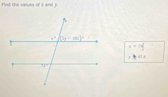 Find the values of X and y.
x=74
y 41.4