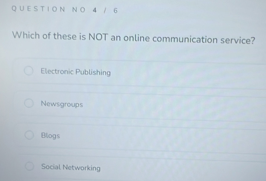 4 / 6
Which of these is NOT an online communication service?
Electronic Publishing
Newsgroups
Blogs
Social Networking