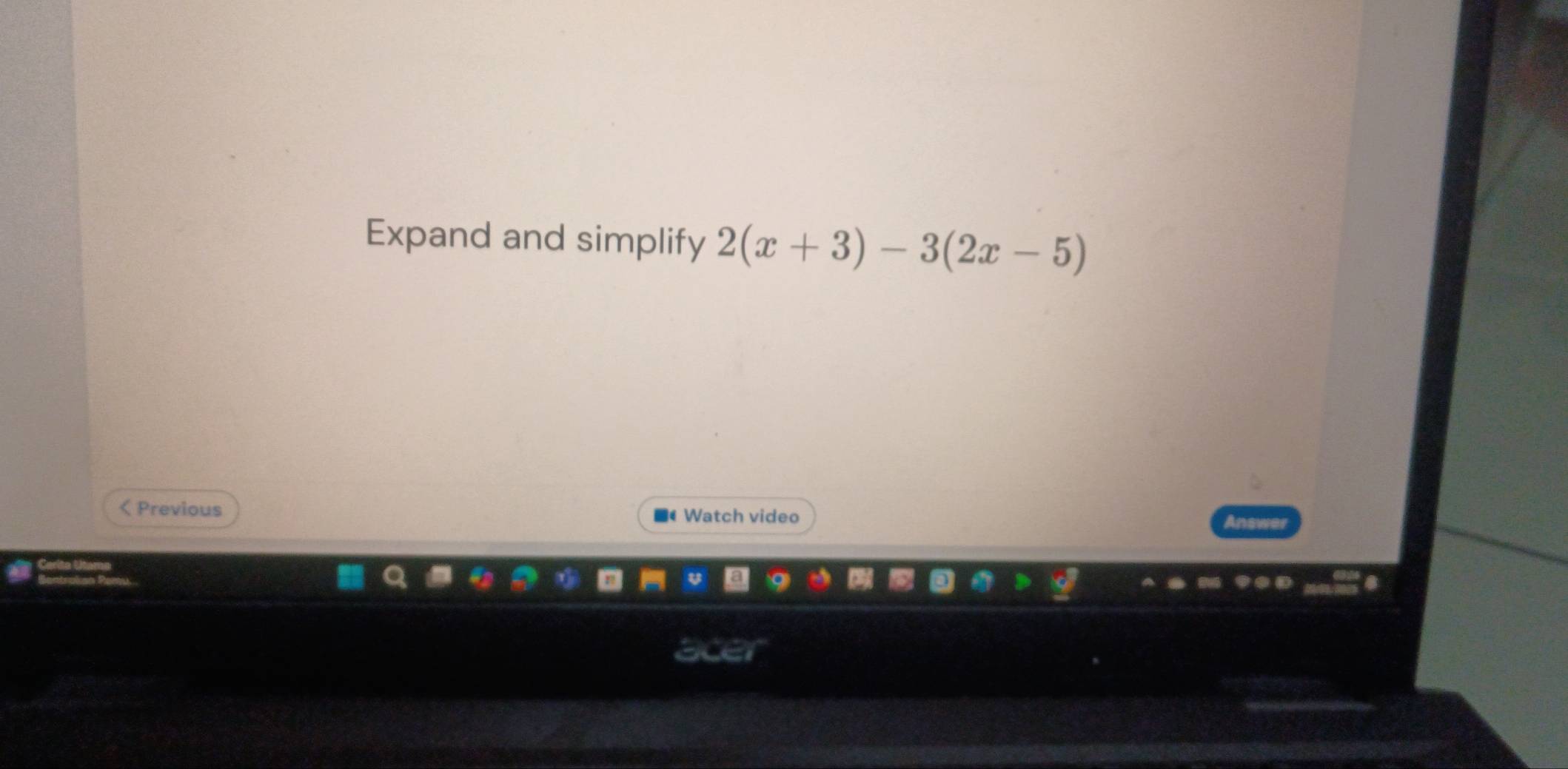 Expand and simplify 2(x+3)-3(2x-5) < Previous ■ Watch video