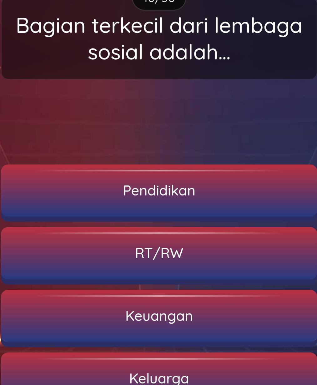 Bagian terkecil dari lembaga
sosial adalah...
Pendidikan
RT/RW
Keuangan
Keluarga