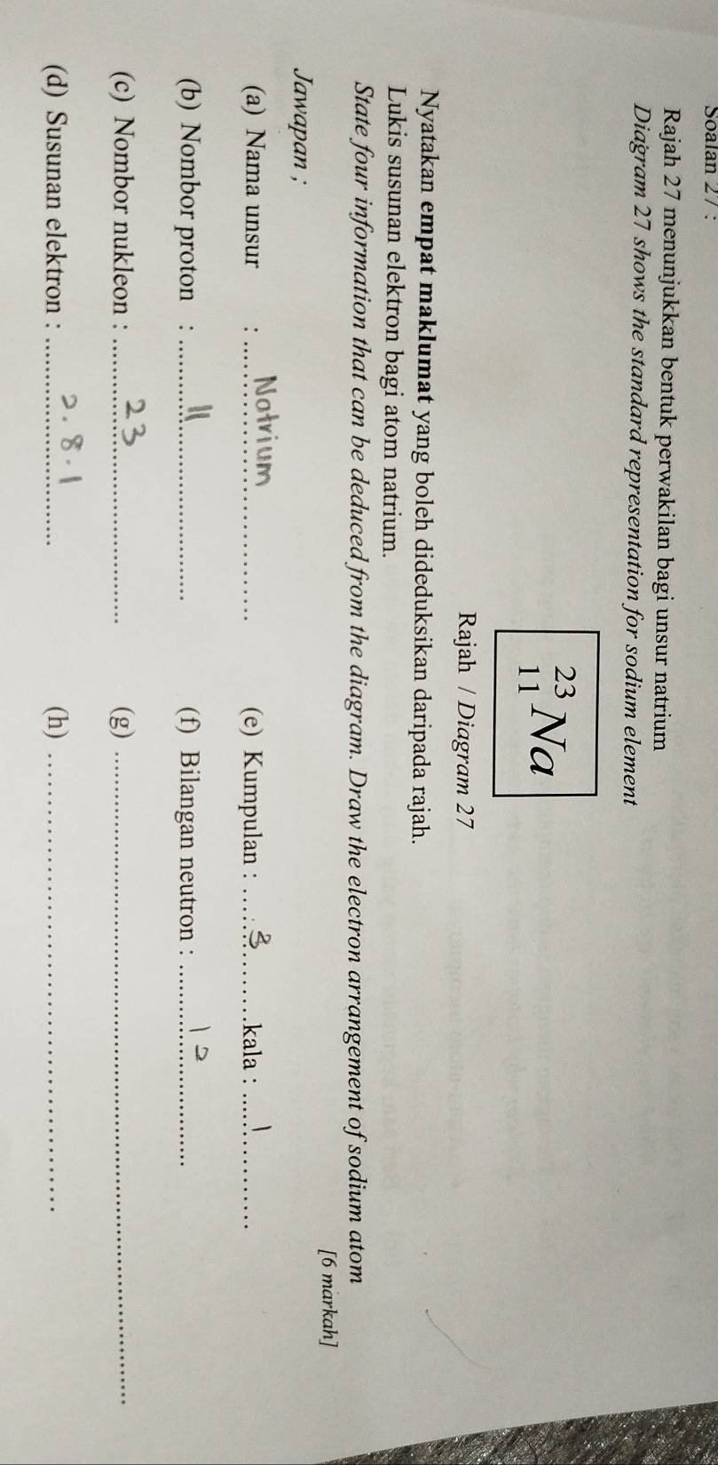 Soalan 27: 
Rajah 27 menunjukkan bentuk perwakilan bagi unsur natrium 
Diagram 27 shows the standard representation for sodium element
23
11 Na 
Rajah / Diagram 27 
Nyatakan empat maklumat yang boleh dideduksikan daripada rajah. 
Lukis susunan elektron bagi atom natrium. 
State four information that can be deduced from the diagram. Draw the electron arrangement of sodium atom 
[6 markah] 
Jawapan ; 
(a) Nama unsur : _Natrium (e) Kumpulan : _kala :_ 
(b) Nombor proton : _(f) Bilangan neutron :_ 
(c) Nombor nukleon : _(g)_ 
(d) Susunan elektron : _(h)_