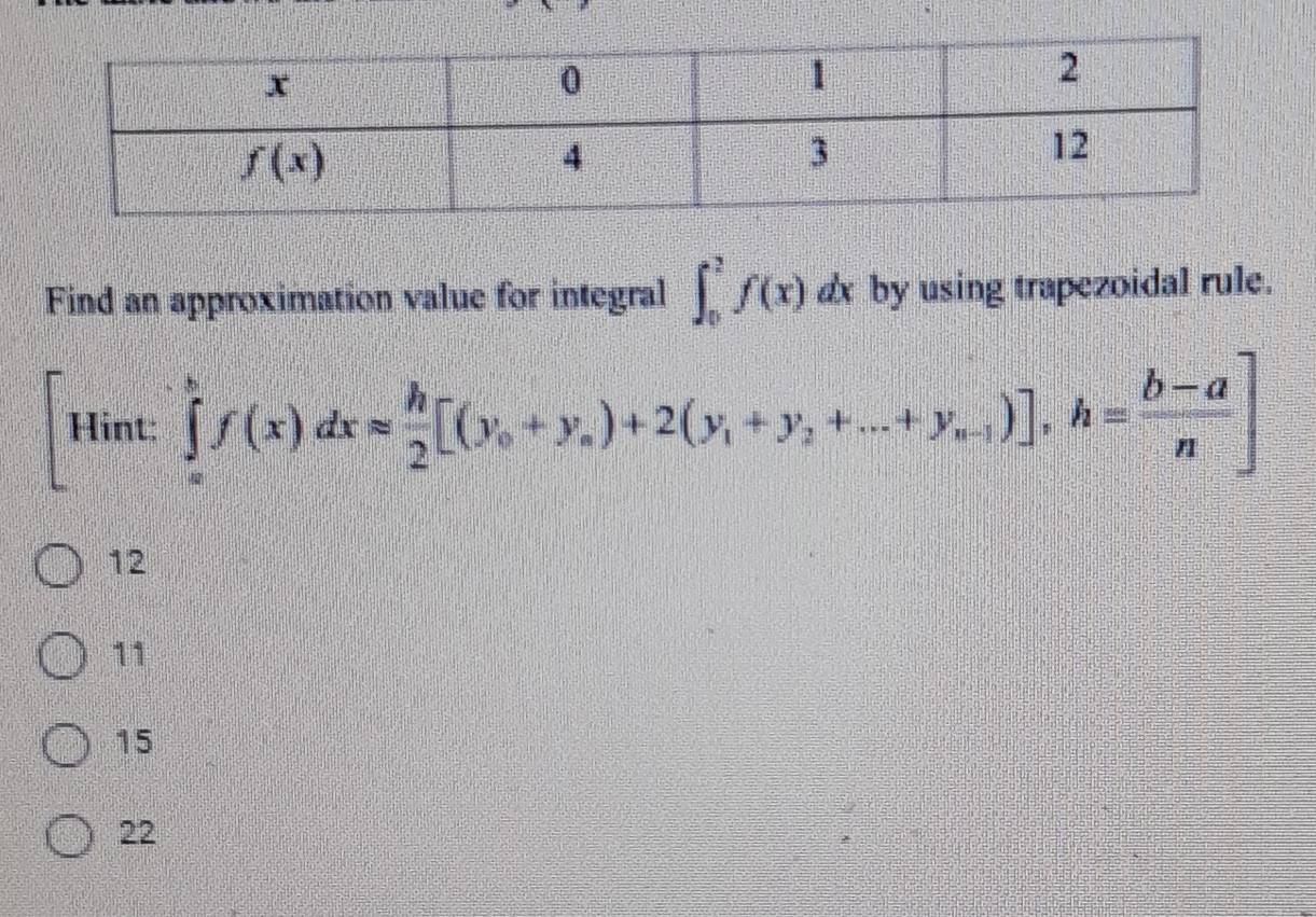 Find an approximation value for integral ∈t _0^(2f(x)dx by using trapezoidal rule.
[Hint:∈tlimits _a^bf(x)dxapprox frac h)2[(y_0+y_a)+2(y_1+y_2+...+y_n-1)],h= (b-a)/n ]
12
11
15
22