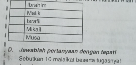 Jawablah pertanyaan dengan tepat! 
1. Sebutkan 10 malaikat beserta tugasnya!