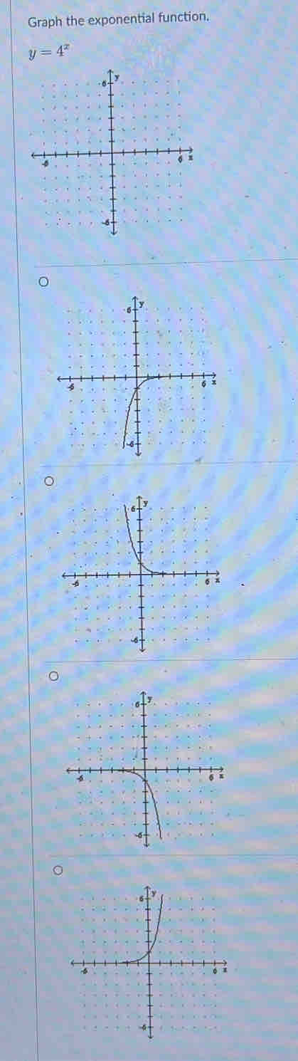 Graph the exponential function.
y=4^x
。 
。