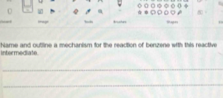 ar trage Tnch Brushes Shapes 
Name and outline a mechanism for the reaction of benzene with this reactive 
intermediate. 
_ 
_