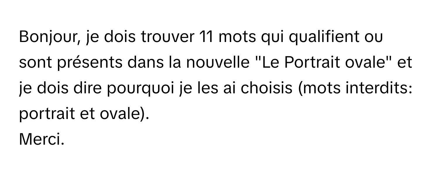 Bonjour, je dois trouver 11 mots qui qualifient ou sont présents dans la nouvelle "Le Portrait ovale" et je dois dire pourquoi je les ai choisis (mots interdits: portrait et ovale).

Merci.