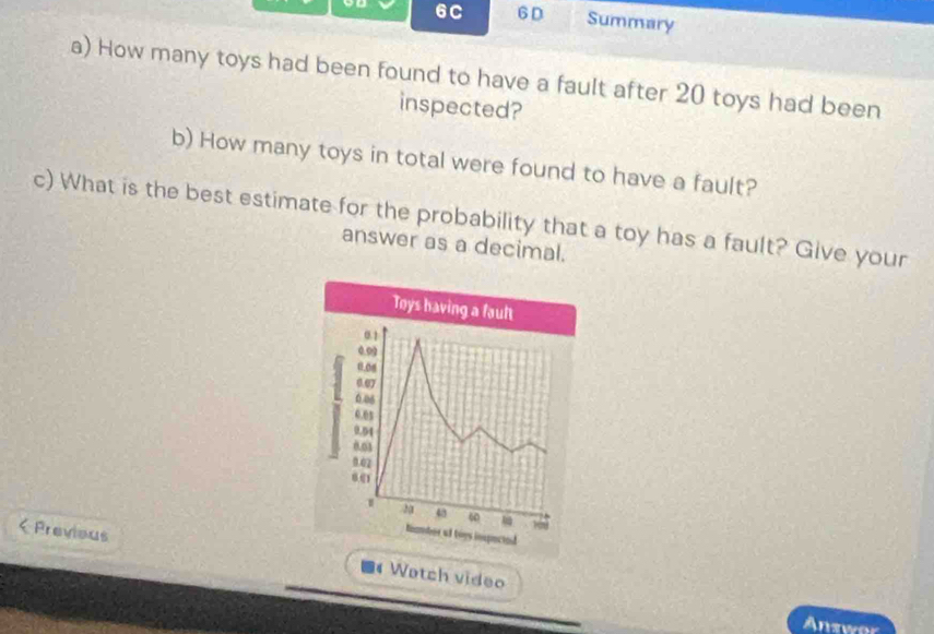 6C 6D Summary 
a) How many toys had been found to have a fault after 20 toys had been 
inspected? 
b) How many toys in total were found to have a fault? 
c) What is the best estimate for the probability that a toy has a fault? Give your 
answer as a decimal. 
Previeus Watch video 
4 
Answor